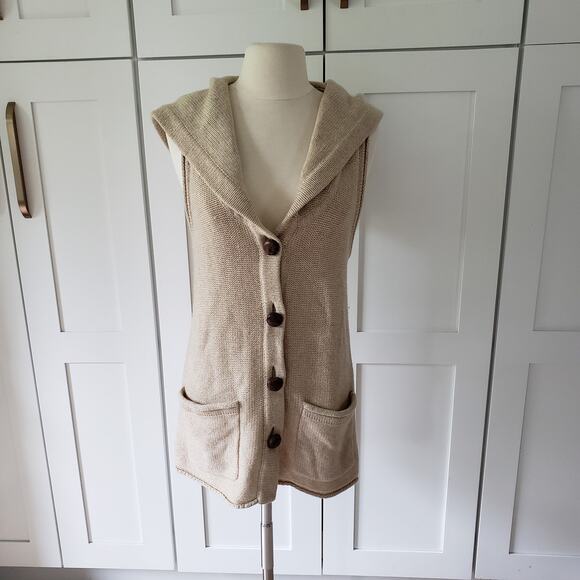 Banana Republic Hooded Vest Womens M Beige Wool Cashmere Knit Sleeveless Sweater - Picture 1 of 7
